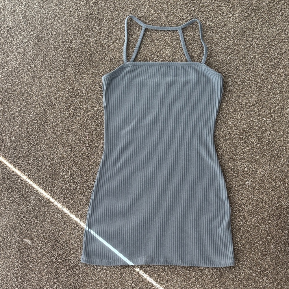 Elegant Gray Blue Ribbed Mini Dress